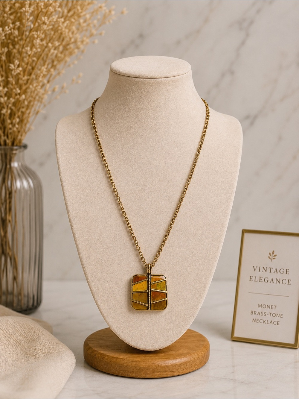 Vintage Monet Brass Tone Pendant Necklace Amber Gold Black Geometric 1980s Jewel
